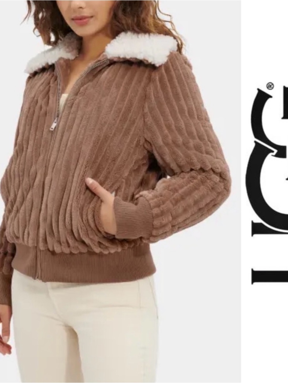 UGG Faux Shearling Collar Zip Jacket - Taupe size Medium EUC